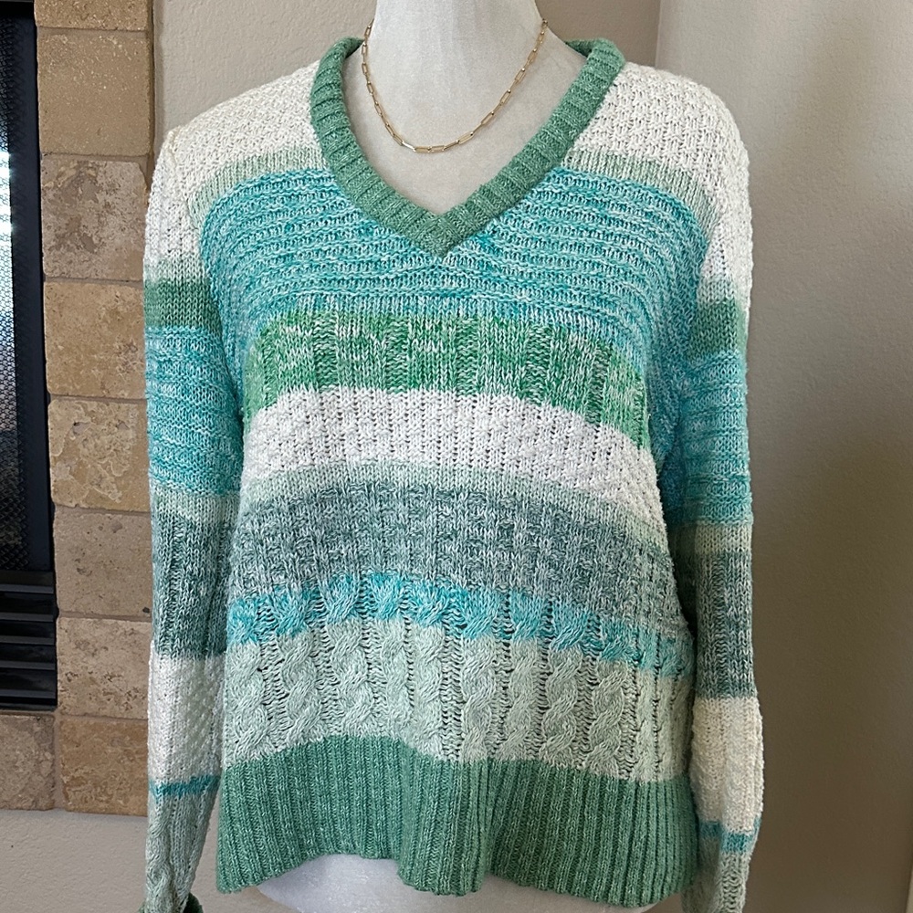 Striped V-Neck Sweater - Green and White